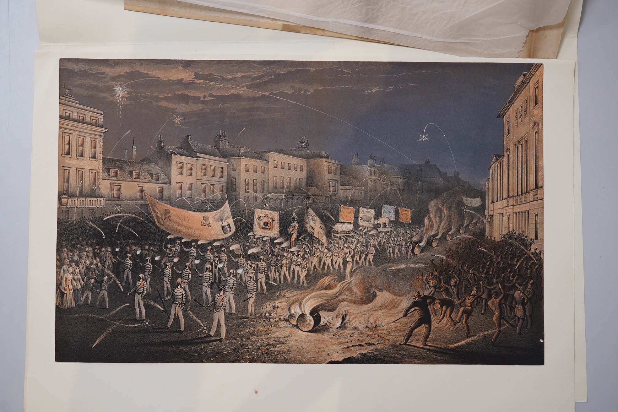 Lewes Prints; Thomas Henwood (1797-1861), Procession of the Lewes Bonfire Boys, 1853, lithograph, 31 x 50cm; John Henry Hurdis, Dinner to Commemorate the Coronation of Queen Victoria, 1838, 23 x 45cm. both unframed.